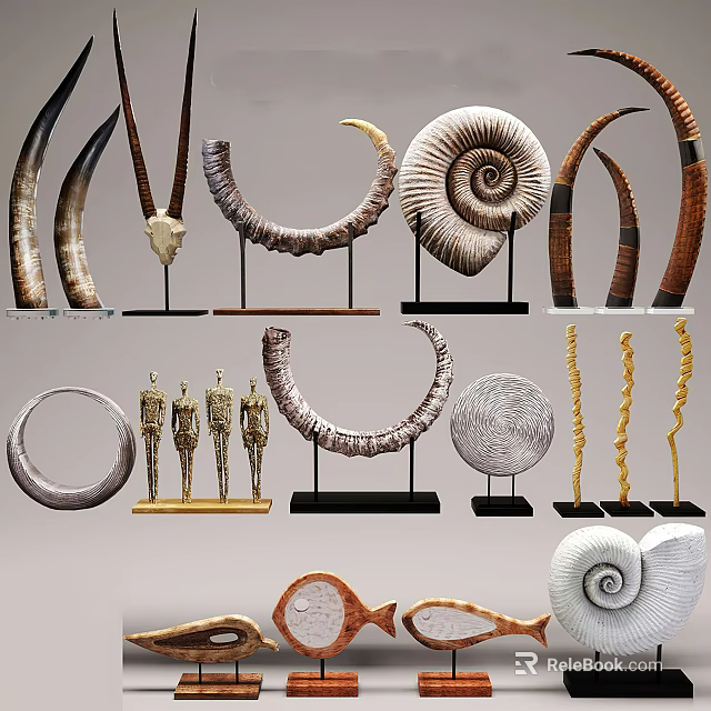 Decorative Ornament Collection With Spiral Circular Horn Shapes And Miniature Figures On Stands 3d model 