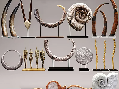 Decorative Ornament Collection With Spiral Circular Horn Shapes And Miniature Figures On Stands 3d model