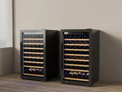 Two Modern Black Wine Coolers With Wooden Shelves And Blue LED Lights 3d model