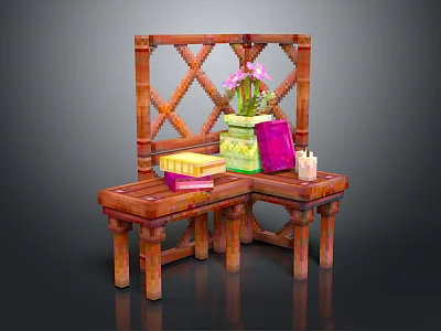 Wooden Stool With Diamond Lattice Backrest And Stacked Books Flower Vase Boxes Candle 3d model