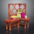 Wooden Stool With Diamond Lattice Backrest And Stacked Books Flower Vase Boxes Candle