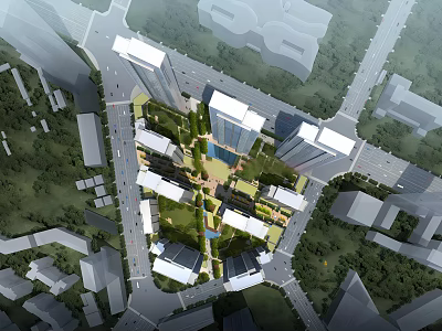Aerial View Of Modern Urban Planning With High Rise Buildings And Green Spaces 3d model