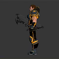 Human Warrior Game Character In Black And Yellow Armor With Muscular Build