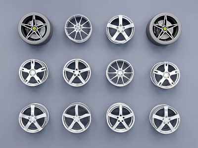 Various Car Wheel Designs Featuring Different Spoke Patterns And Metallic Finish 3d model