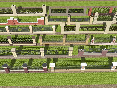 Building Exterior Wall Design With Wrought Iron Fence Stone Columns And Greenery 3d model
