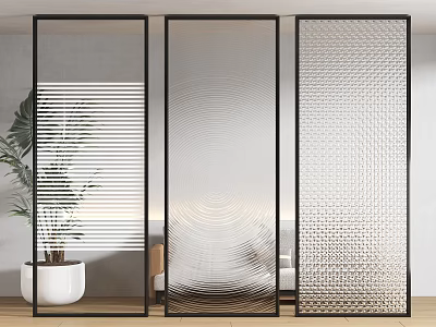 Modern Room Dividers With Black Frame Textured Glass And Green Plant In Living Area 3d model