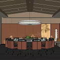 Private Dining Box With Round Table Orange Chairs Chandelier Sofa Green Plant Wooden Walls