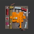 Orange Smart Machine with Pink Yellow Structures and Small Objects on Platform
