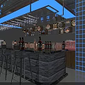 Modern Starry Sky Theme Bar Interior With Blue Lighting Black Walls And Leather Sofas 3d model