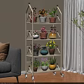 Indoor Multi tiered Flower Stand with Wheels Holding Various Potted Plants in Colorful Pots