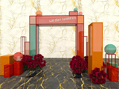 Floral Installation with Wedding Archway Red Flower Bouquets and Geometric Decor on Marble Background 3d model