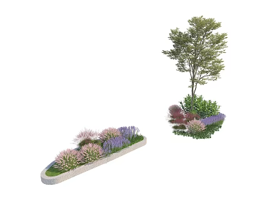 Beautiful Garden Landscape Design With Long Flower Bed Various Flowers And Tree Shrubs 3d model