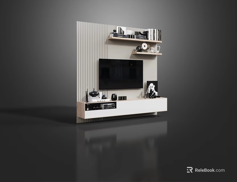 Modern TV Wall Panel Design With White Cabinet Shelves And Decorative Items 3d model 