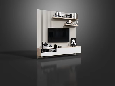 Modern TV Wall Panel Design With White Cabinet Shelves And Decorative Items 3d model