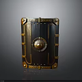Medieval Shield As Defensive Weapon With Golden Decorations Metal Rivets And Circular Emblem