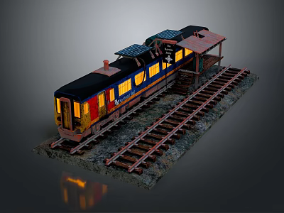 Vintage Detailed Model Train With Colorful Carriages On Railway Tracks And Platform 3d model