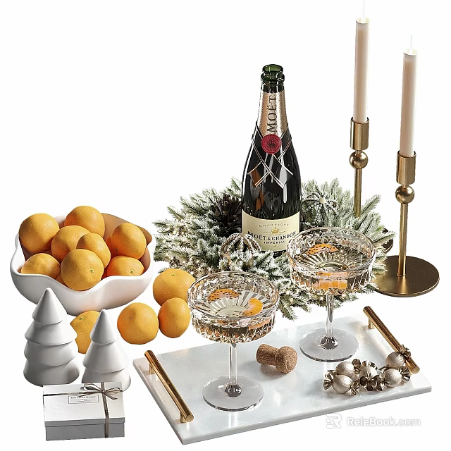 Decorative Ornament Set With Oranges Champagne Bottle Crystal Glasses Gold Candles Christmas Trees And Pinecones 3d model 