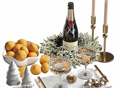 Decorative Ornament Set With Oranges Champagne Bottle Crystal Glasses Gold Candles Christmas Trees And Pinecones 3d model