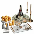 Decorative Ornament Set With Oranges Champagne Bottle Crystal Glasses Gold Candles Christmas Trees And Pinecones 3d model