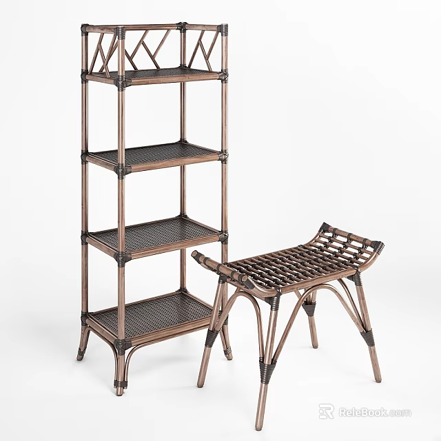 Brown Rattan Shelving Unit With Multiple Tiers And Matching Stool 3d model 