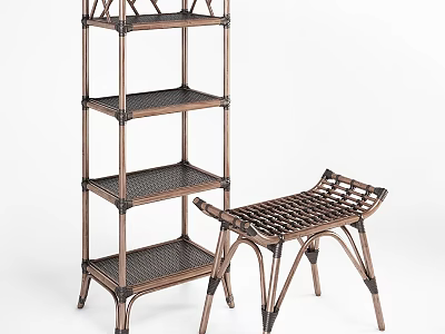 Brown Rattan Shelving Unit With Multiple Tiers And Matching Stool 3d model