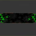 Skateboard Deck Featuring Green Flame Design Black Sun Patterns And Orange Trim