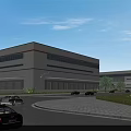 Modern Glass Curtain Wall Office Building With Multiple Floors Surrounding Road And Greenery