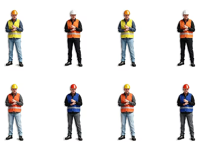 Men in Various Colored Safety Vests and Hard Hats Standing with Crossed Arms 3d model