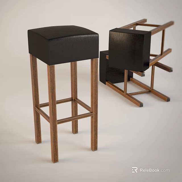 Stylish Bar Stools With Black Leather Seats And Brown Wooden Legs Design 3d model 