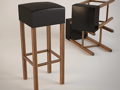Stylish Bar Stools With Black Leather Seats And Brown Wooden Legs Design 3d model