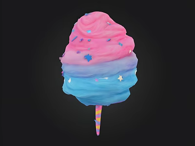 Colorful Cotton Candy With Pink Blue Layers Star Sprinkles On Striped Stick Black Background 3d model