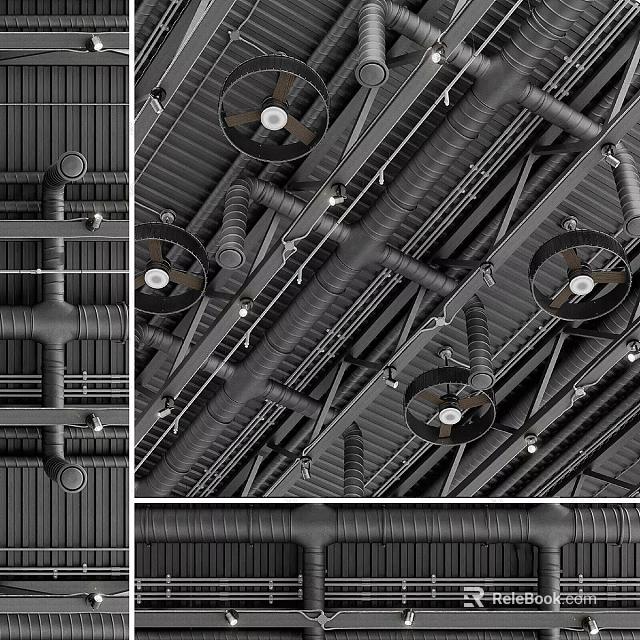 Industrial Ceiling Design With Exposed Pipes Fans And Metal Structures 3d model 