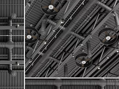 Industrial Ceiling Design With Exposed Pipes Fans And Metal Structures 3d model