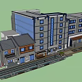 Traditional Modern Commercial Street With Gray Brick Walls Blue Glass Windows And Decorative Entrance Porch