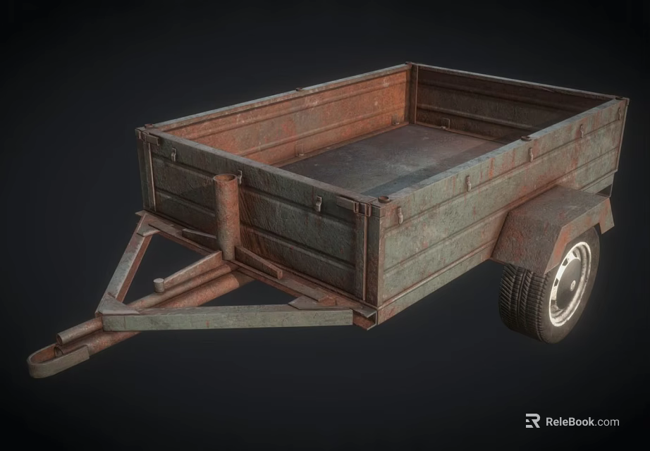 Rusty Old Trailer With Open Cargo Bed Single Wheel And Metal Hitch 3d model 
