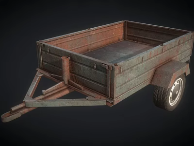 Rusty Old Trailer With Open Cargo Bed Single Wheel And Metal Hitch 3d model