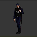 Security Personnel In Dark Blue Uniform With Cap And Bulletproof Vest Standing