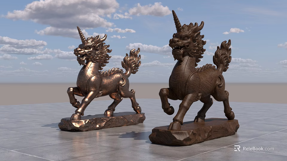 Two Bronze Qilin Landscape Sculptures Standing On Gray Ground With Blue Sky 3d model 