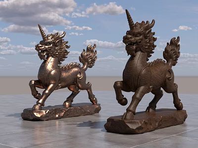 Two Bronze Qilin Landscape Sculptures Standing On Gray Ground With Blue Sky 3d model
