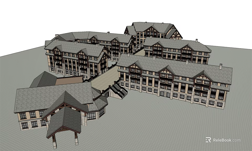 Multi Story Connected Architectural Complex With Gabled Roofs And Residential Design 3d model