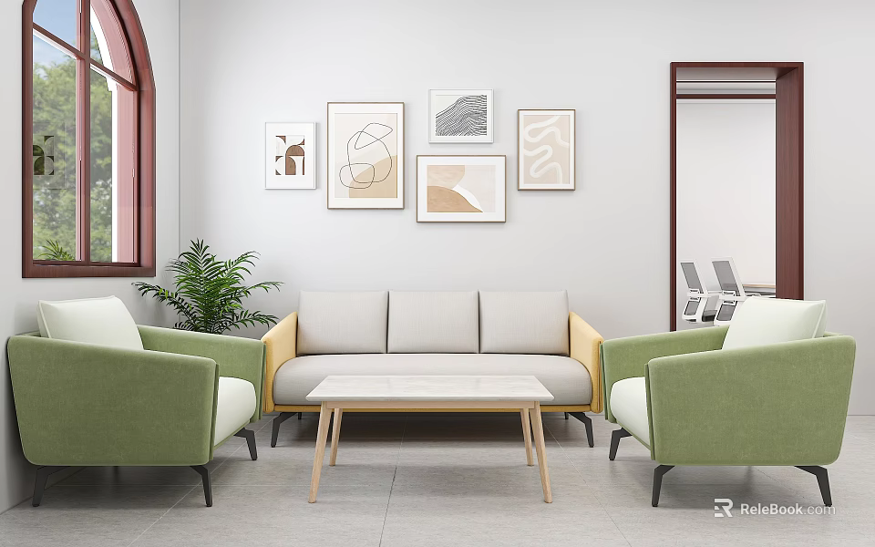 Office Space With Arched Window Green Chairs Beige Sofa Wooden Coffee Table And Wall Paintings 3d model 