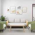 Office Space With Arched Window Green Chairs Beige Sofa Wooden Coffee Table And Wall Paintings