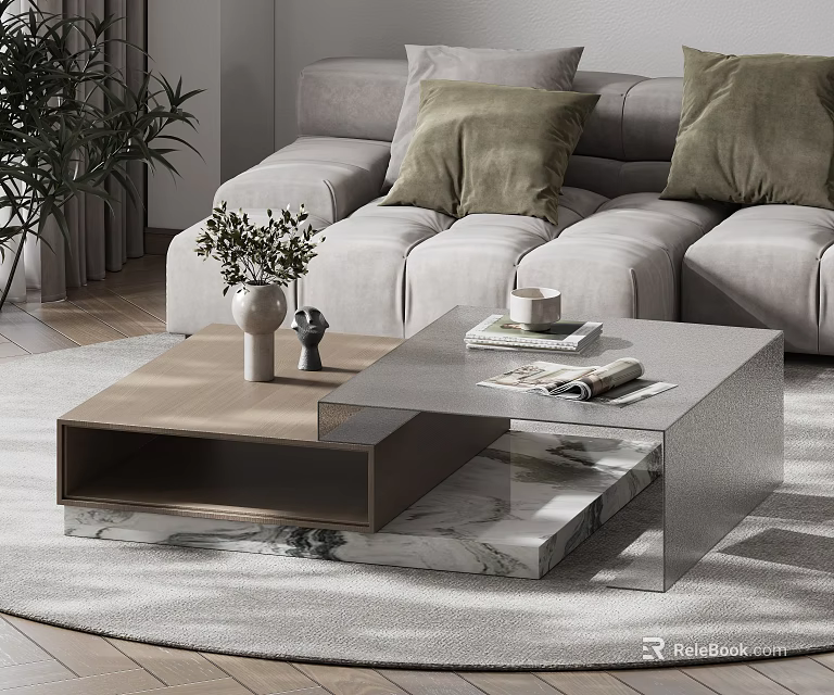Modern Coffee Table Featuring Wooden Glass Top Marble Base Decorative Vase Magazines In Living Room 3d model 