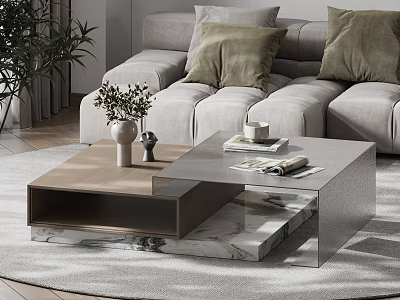 Modern Coffee Table Featuring Wooden Glass Top Marble Base Decorative Vase Magazines In Living Room 3d model
