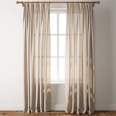 Elegant Beige Linen Curtains Hanging By Window With Natural Light 3d model