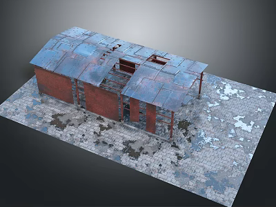 Abandoned Red Brick Building Model With Damaged Metal Roof And Weathered Stone Ground 3d model
