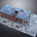 Abandoned Red Brick Building Model With Damaged Metal Roof And Weathered Stone Ground