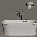 Elegant Freestanding White Bathtub In Modern Bathroom With Gray Walls Wooden Floor And Towel Shelf
