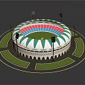 Cartoon Round Stadium Scene with Colorful Seats White Exterior and Green Surroundings and Light Poles
