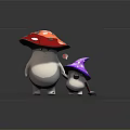 Game Cartoon Characters with Red Polka Dot and Purple Star Mushroom Hats Holding Broom Standing Together